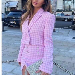 ZARA Houndstooth Cropped Blazer - Lilac Pink